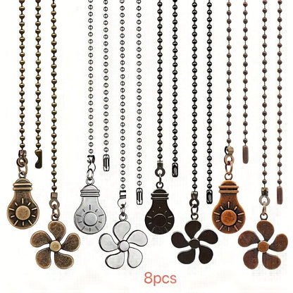Ceiling Fan Pull Chain Extension Set of 8 – Decorative Bead Chain Pull Cord with Five-Leaf & Bulb Pendants, Iron Chain & Zinc Alloy, Bronze