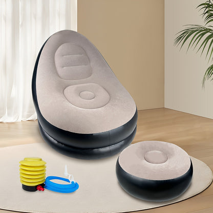Inflatable Recliner Sofa with Footstool Set – Heavy Duty Portable Folding Air Couch with Plush Fabric & Pump Included
