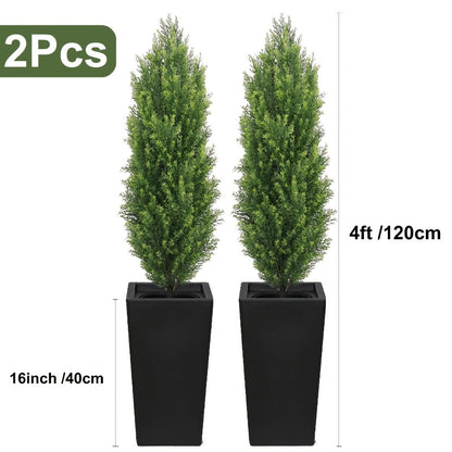 Two-Pack Artificial Cedar Topiary Trees with 4, 5 or 6 ft Height Options and Optional 16-Inch Black Planters