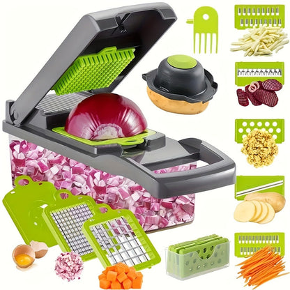 Vegetable Chopper 16-in-1 Manual Food Chopper Set, 8 Stainless Steel Blades, 304 Container, Peeler & Filter