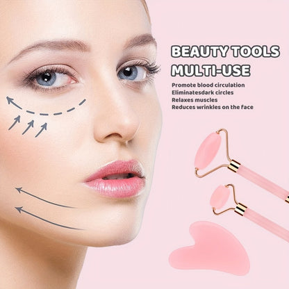 Facial Cleansing Massage Set 7Pcs Silicone Face Brush Double-Headed Roller Massager Heart Scraping Board Wristbands Hair Band Pink Storage
