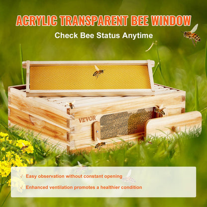 Beehive Kit 10 Frame Cedar Wood Bee Hive with Transparent Windows & Beeswax Coating, for Garden, Yard and Pest Management