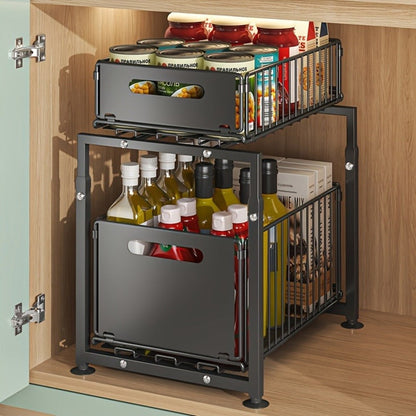 Under Sink Organizer 2-Tier Pull Out – Adjustable Height Carbon Steel Cabinet Storage Shelf for Kitchen and Bathroom