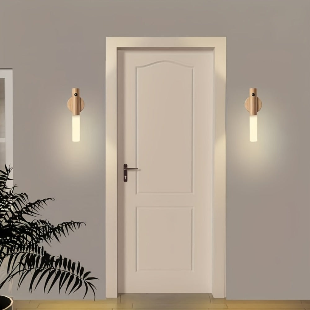 Motion Night Light Rechargeable LED, IPX4 Wood Grain & Walnut Under Cabinet Step Lamp for Staircase
