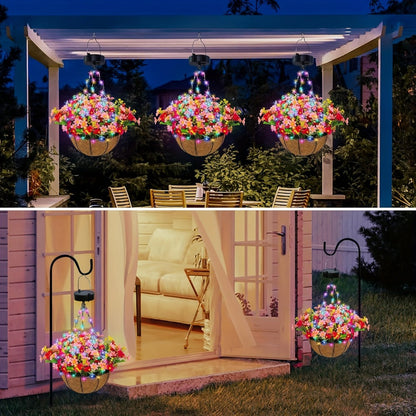 Solar Hanging Flower Basket with RGB String Lights, 10 Inch Artificial Flowers, Dusk-to-Dawn Auto On