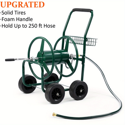 Garden Hose Reel Cart | 250ft Capacity, Heavy-Duty Steel, 4 Wheels & Storage Basket