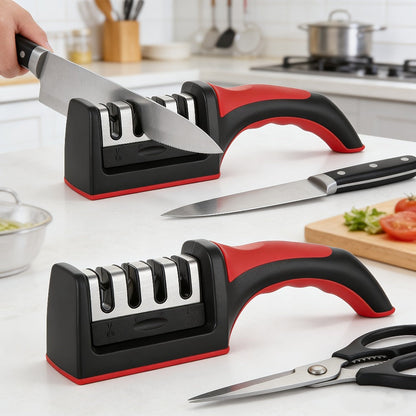 Four-Stage Manual Knife and Scissors Sharpener with Red Handle and Removable Sharpening Head