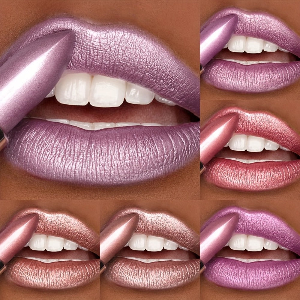 Shimmer Lipstick Set 6 Piece Waterproof Long Lasting Glossy Lip Color Coral Pink Red Purple Shades Makeup Kit for Women Travel Party Daily