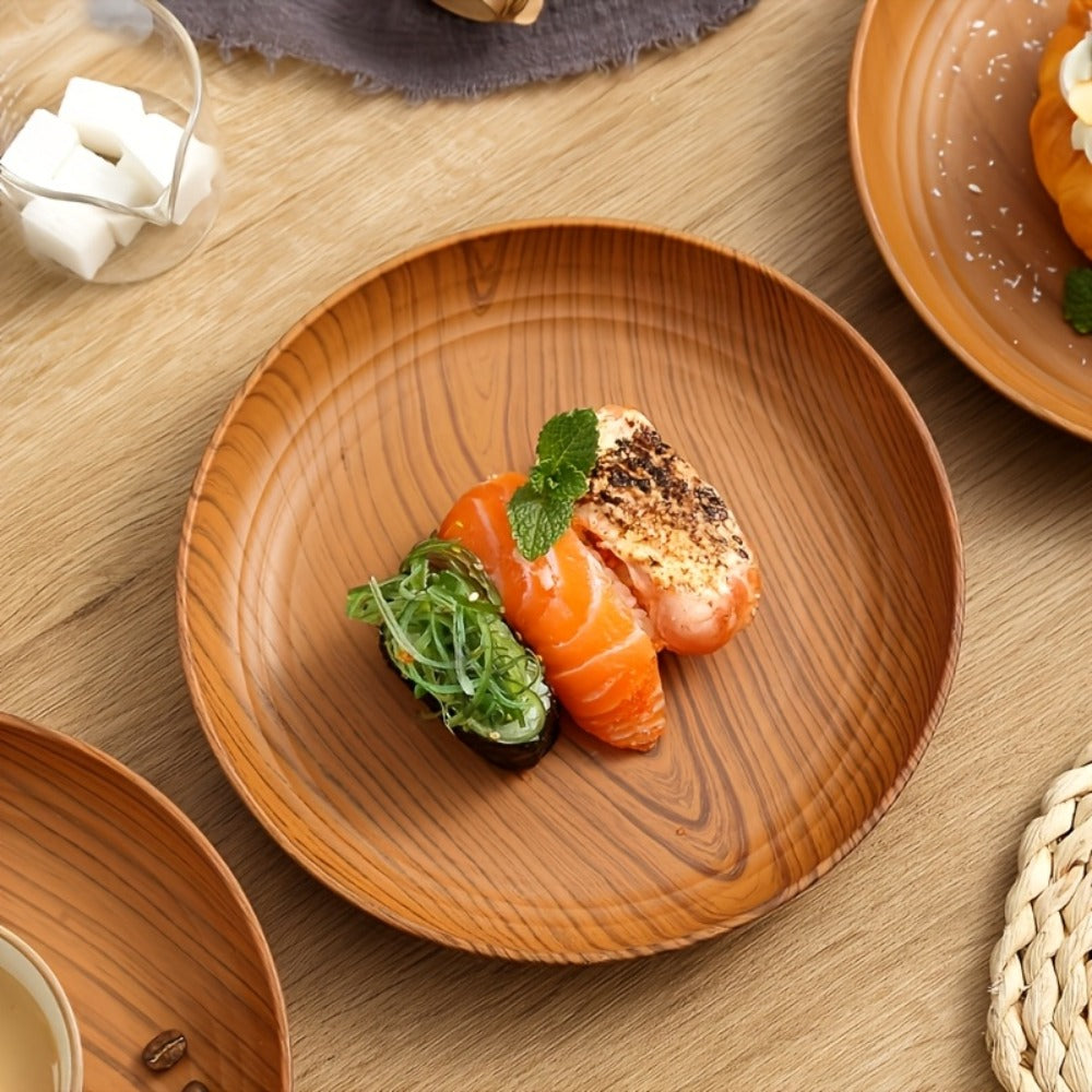 Wood Grain Plastic Dinner Plates Set of 10 – 7.8 Inch Salad Serving Plates for Kitchen Dining Table