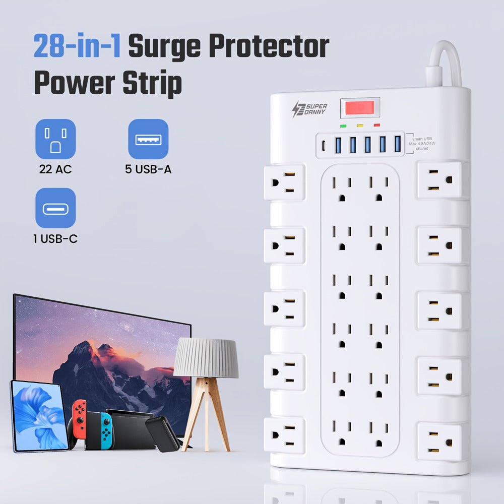 Surge Protector Extension Cord Flat Plug 2100 Joules with Control Switch Status Indicator for an Everyday Personal Care Routine