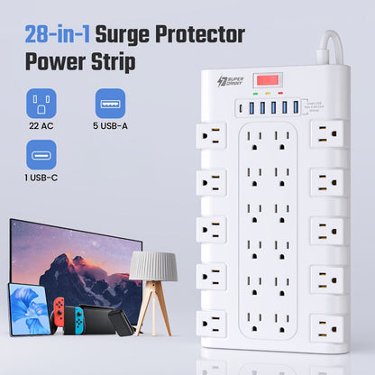 Surge Protector Extension Cord Flat Plug 2100 Joules with Control Switch Status Indicator for an Everyday Personal Care Routine