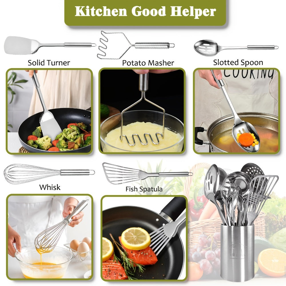 Kitchen Utensils 12-Piece Stainless Steel Set with Countertop Holder and Eleven Cooking Tools