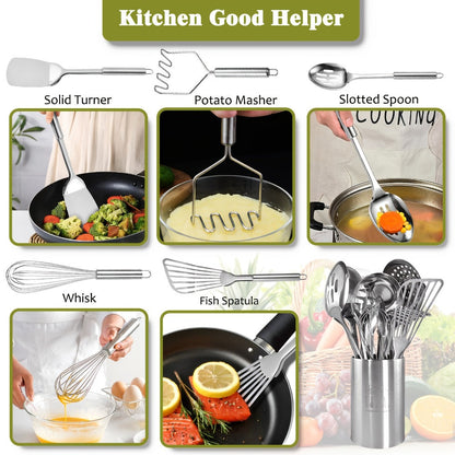 Kitchen Utensils 12-Piece Stainless Steel Set with Countertop Holder and Eleven Cooking Tools