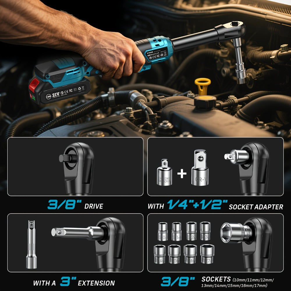 21V Power Ratchet Wrench Set 3/8'' Drive, 59 Ft-lbs 400 RPM Cordless Electric Ratchet, Variable Speed Trigger