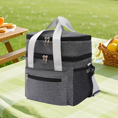 Double-Layer Lunch Bag Tote with Upper and Lower Compartments, Shoulder Strap and Four Colors