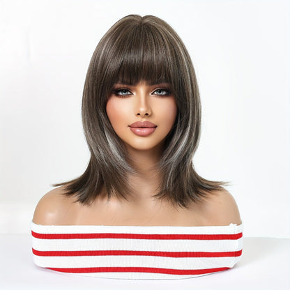Synthetic Wig 14-Inch Layered Brown Highlight Ombre with Bangs and Rose Net Cap with Item-Specific Color, Length, Texture and Cap Choices