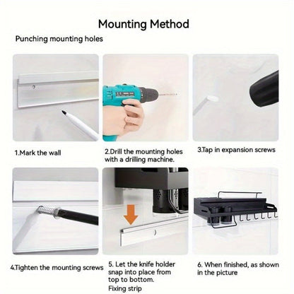 Wall-Mounted Kitchen Organizer with Two Storage Tiers, Knife Slots, Chopstick Cup and Towel Bar