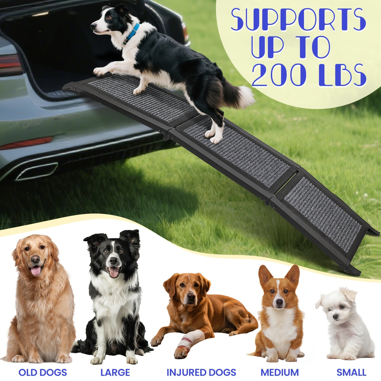 Folding Pet Ramp for Dogs & Cats – Adjustable Portable Non-Slip Fabric Ramp with Ergonomic Handle for Car
