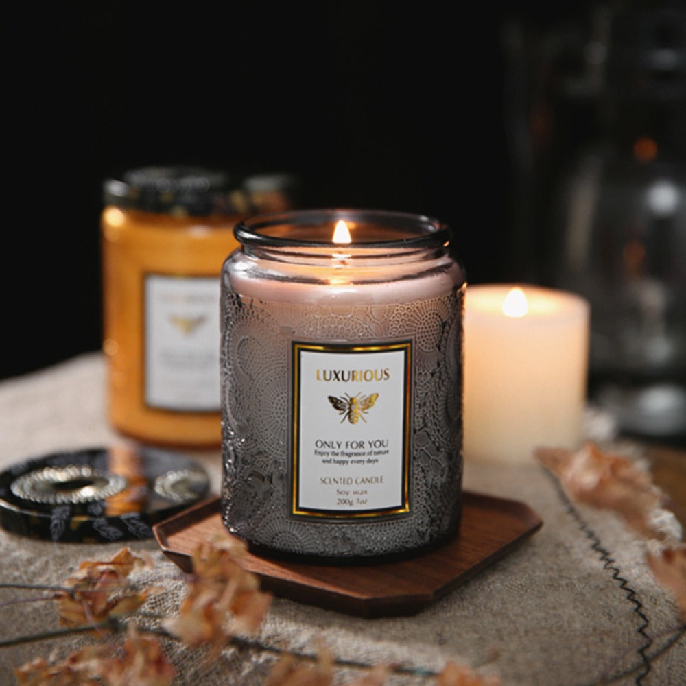 Single-Wick Relief Glass Jar Candle with Seven Scent Labels, Crystal-Style Detail and Boxed Presentation