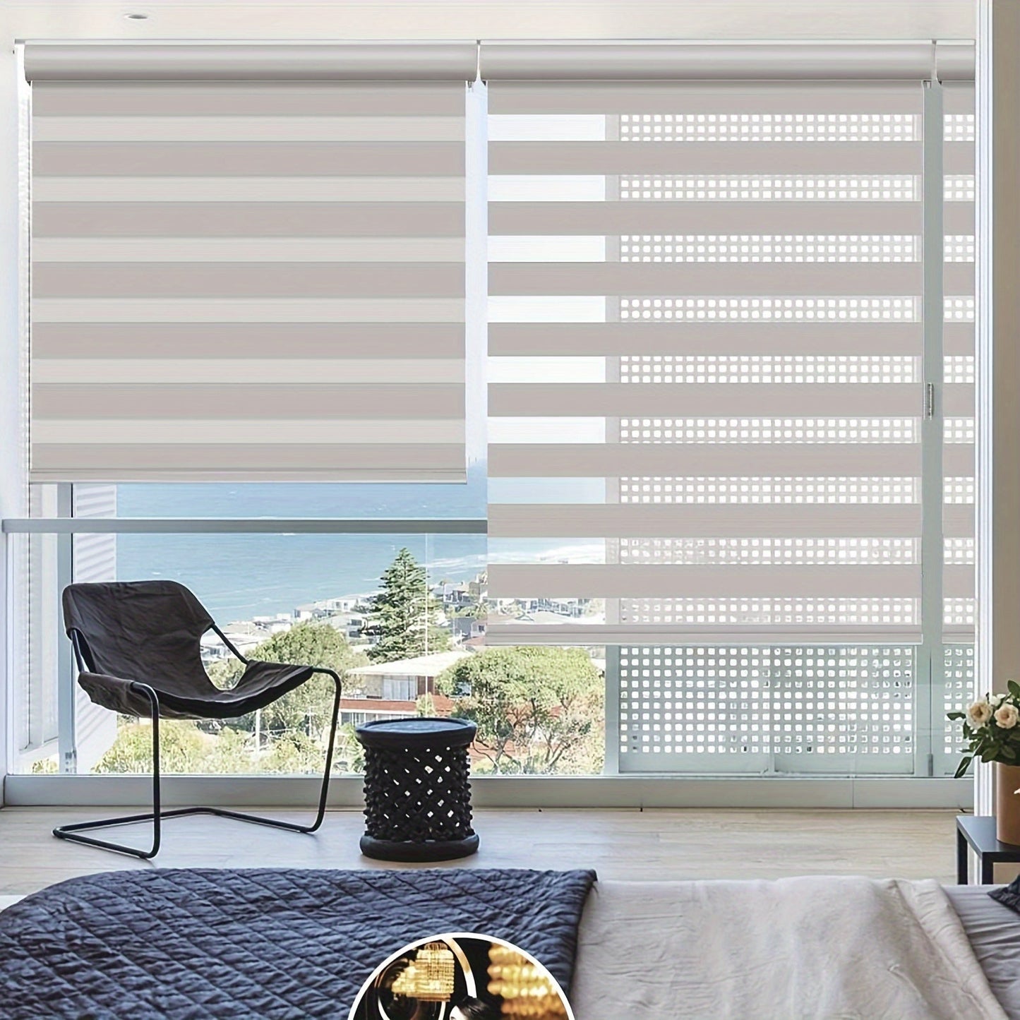Cordless Zebra Roller Shade with Valance, Day Night Window Blind, Dual Layer Window Treatment Mesh Opaque Fabric