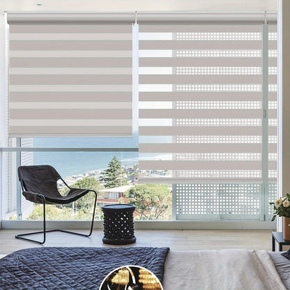 Cordless Zebra Roller Shade with Valance, Day Night Window Blind, Dual Layer Window Treatment Mesh Opaque Fabric