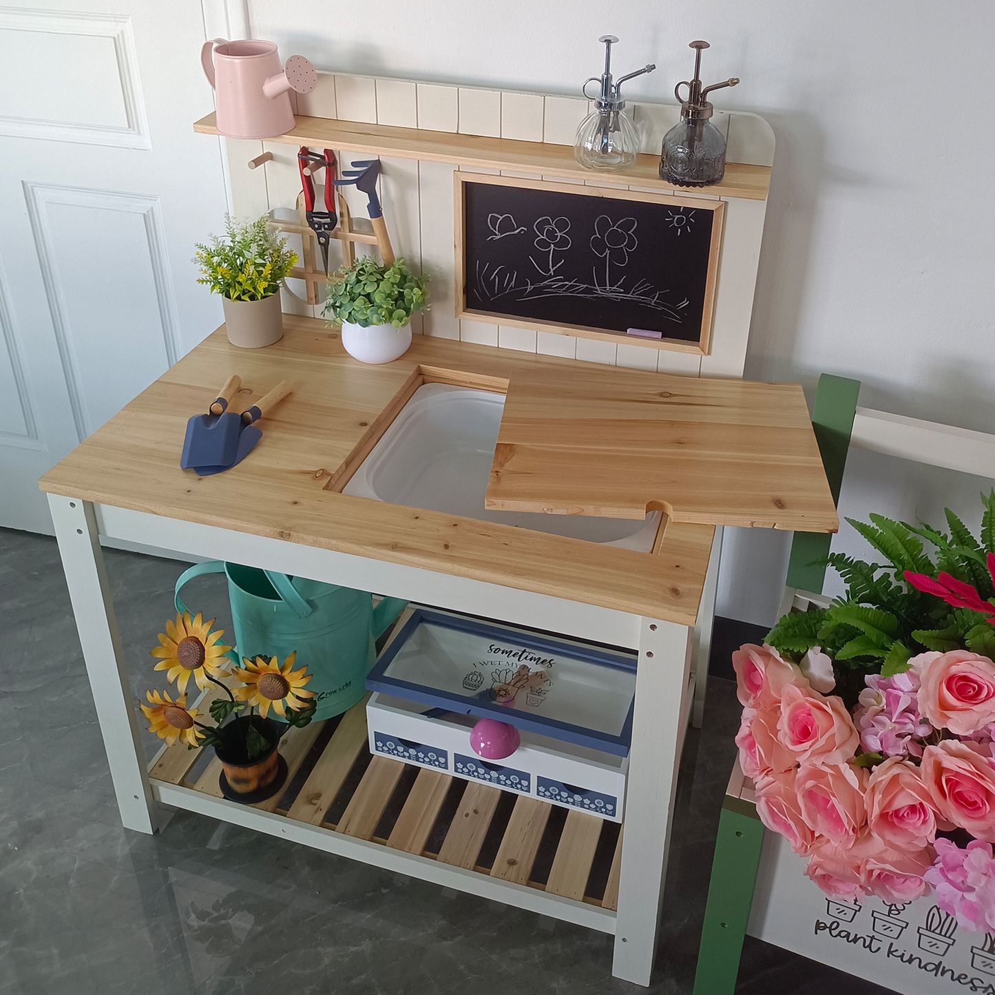 Potting Bench Table Cedar Wood Garden Workstation with Blackboard Removable Sink Hooks Double Shelf for Garden, Patio and Yard Use