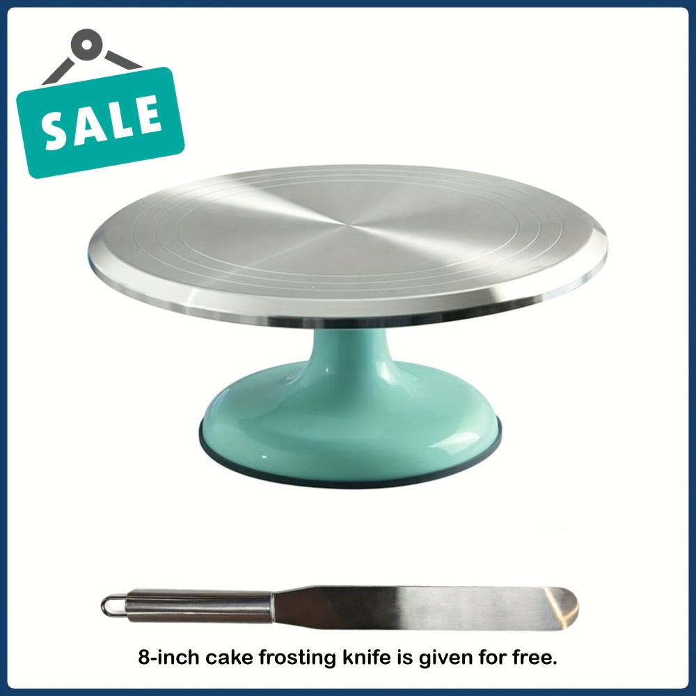 9.84-Inch Rotating Cake Turntable with Frosting Spatula and Pink, Sky Blue or White Base for Decorating