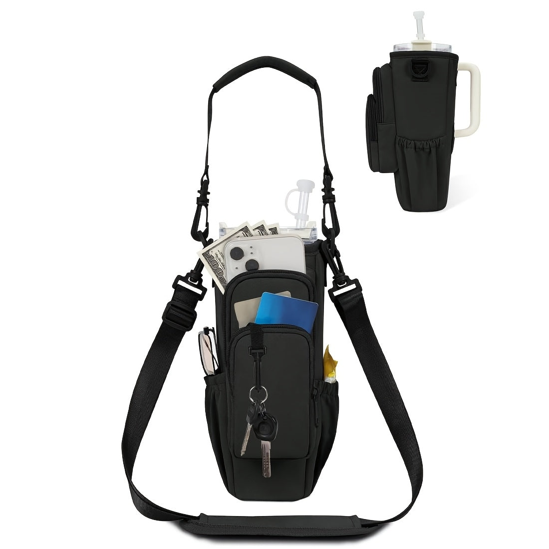 Insulated Water Bottle Carrier Bag for 30-40oz Bottles – Adjustable Shoulder Strap, Phone Pocket & Straw Cover