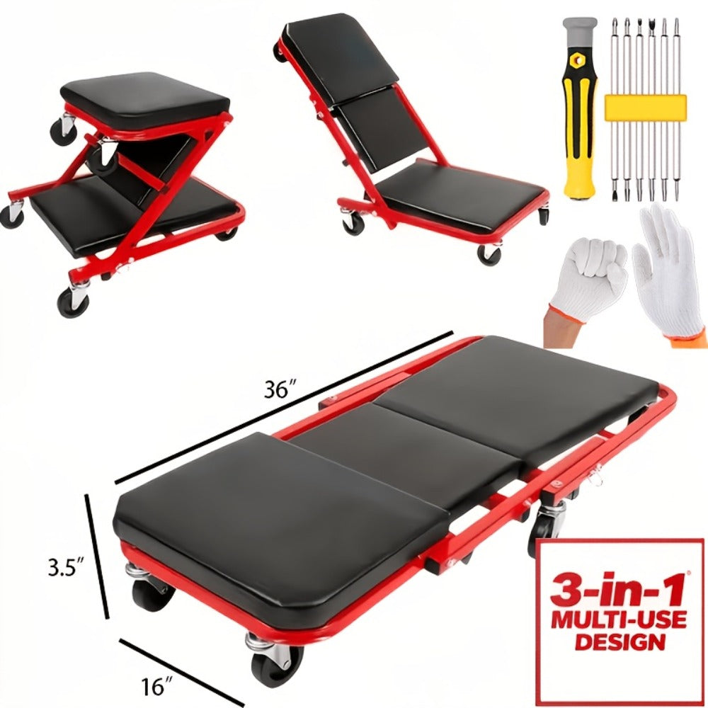 Mechanic Creeper 36-Inch Z-Crawl Folding – Adjustable Load Board, 6-Wheel 2.5" Rolling Garage Repair Seat