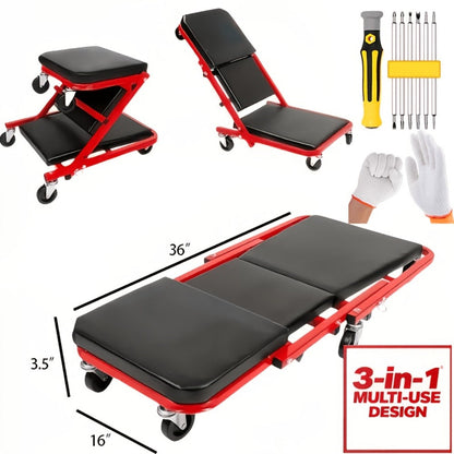 Mechanic Creeper 36-Inch Z-Crawl Folding – Adjustable Load Board, 6-Wheel 2.5" Rolling Garage Repair Seat