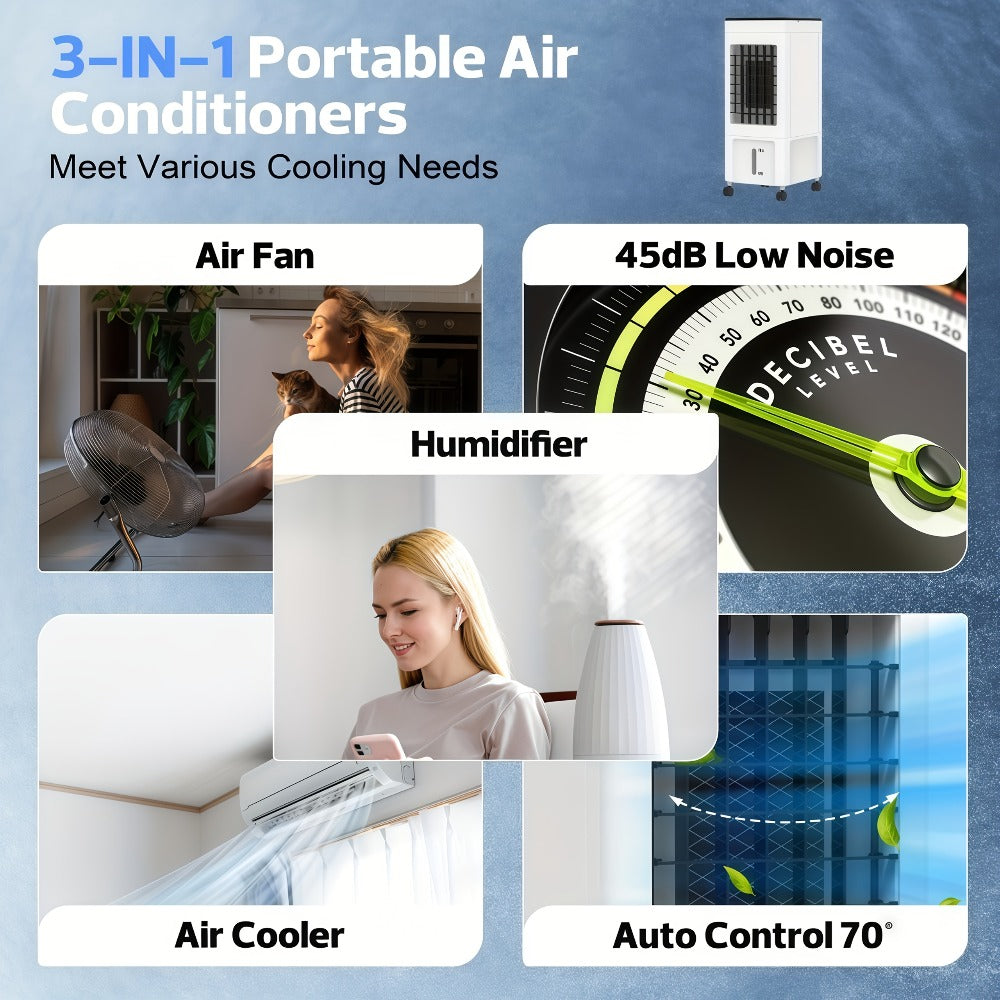 Portable Air Conditioner Evaporative Air Cooler with Remote, 40Hrs Cooling, 2.6 Gal Tank, 3 Speeds