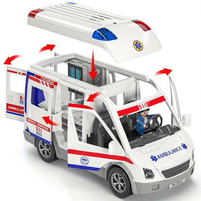 Ambulance Toy Playset for Kids Ages 3-8, Realistic Friction-Powered Emergency Vehicle with Flashing Lights & Siren Sound