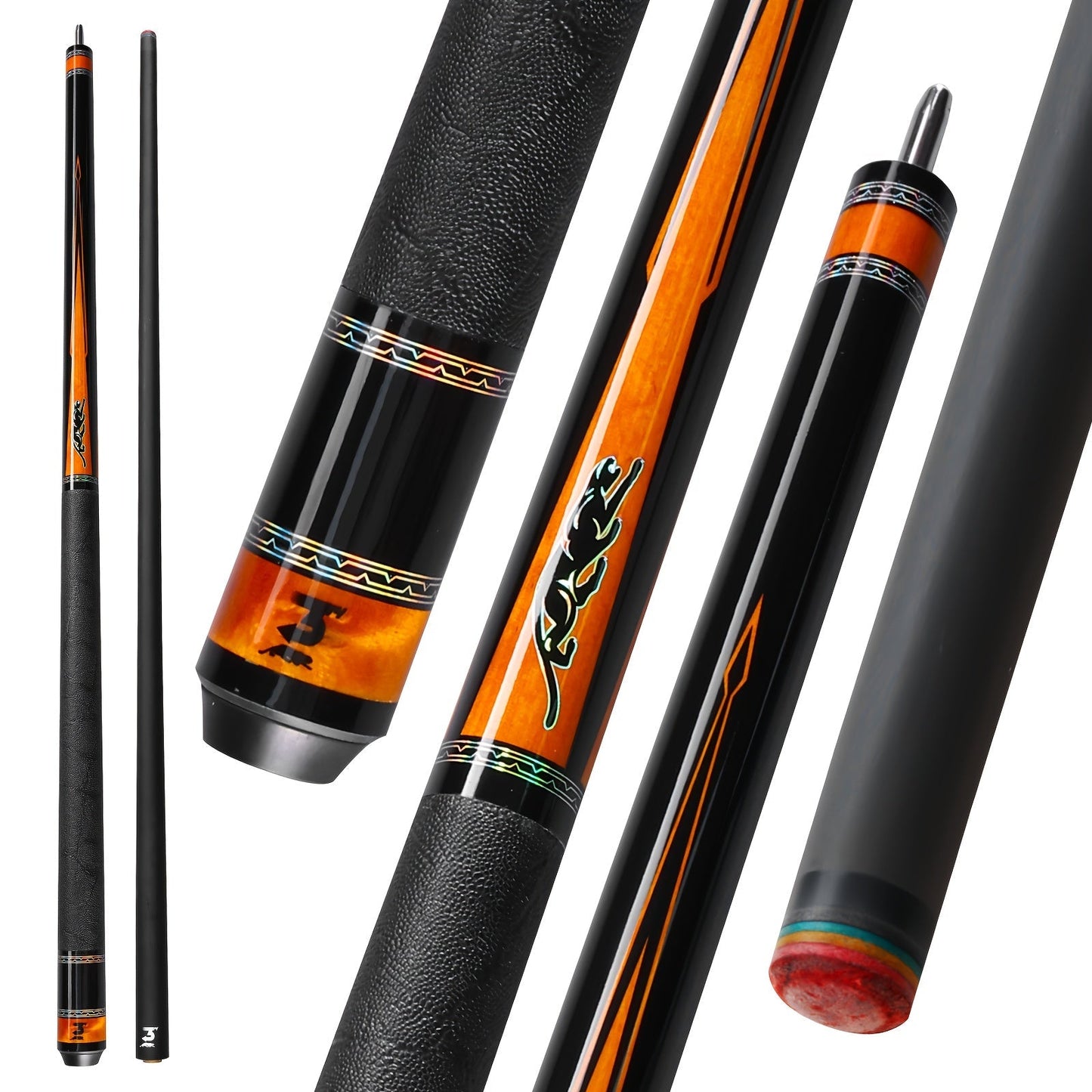 58-Inch Carbon Fiber Pool Cue with 12.5mm Tip, 3/8x8 Joint, Black Wrap and Four SP Graphic Designs