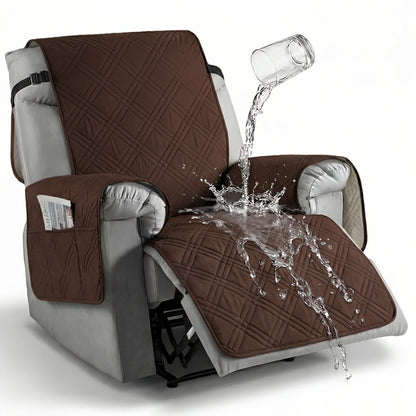 Quilted One-Piece Recliner Chair Cover with Side Pocket, Back Strap and Six Solid Color Options
