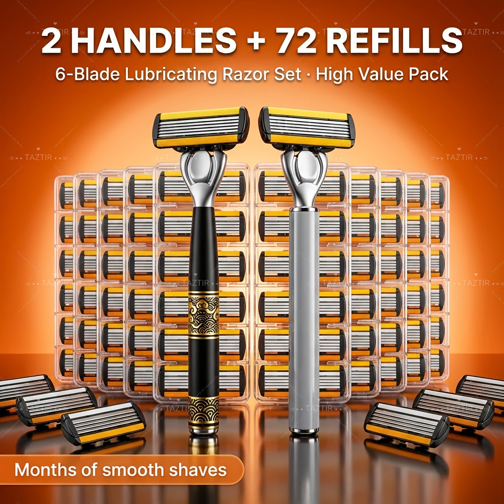 Luxury Men's Razor Set 6-Layer Blades – 2 Ergonomic Anti-Slip Handles & 72 Replaceable Blades, Precision Manual Shaving Kit