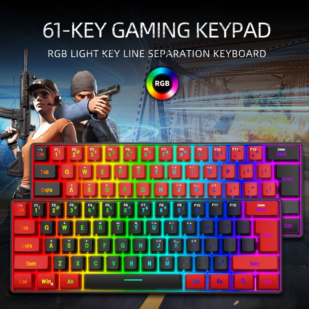 Red-and-Black 61-Key Compact Wired Keyboard with Detachable Cable and Multicolor-Lit Keycaps