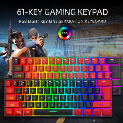 Red-and-Black 61-Key Compact Wired Keyboard with Detachable Cable and Multicolor-Lit Keycaps