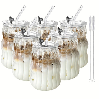 Cloud-Shaped Glass Cup Drinkware Set, 18oz U-Curve Cups with Glass Straws, Brushes and Lid Options in 4 or 6 Pieces