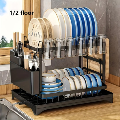 Dish Drying Rack 2 Tier with Drainboard for Kitchen Counter Metal Dish Drainer with Utensil for Home Cooking, Dining and Outdoor Meals