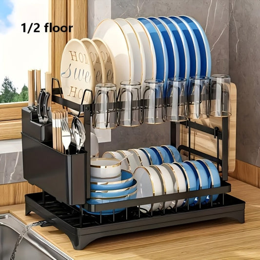 Dish Drying Rack 2 Tier with Drainboard for Kitchen Counter Metal Dish Drainer with Utensil for Home Cooking, Dining and Outdoor Meals