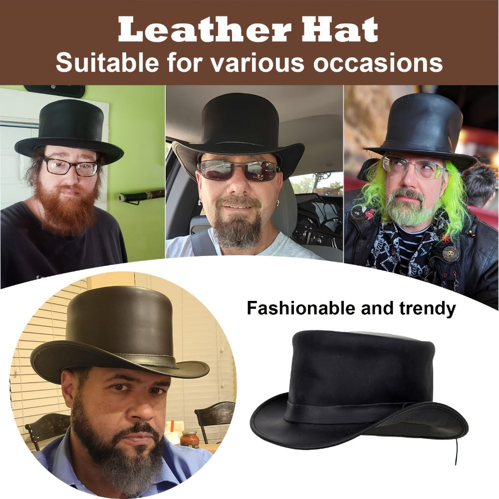 Genuine Leather Top Hat Steampunk Gentleman Shapeable Brim, Real Cowhide Low Crown Topper for Men & Women S-3XL