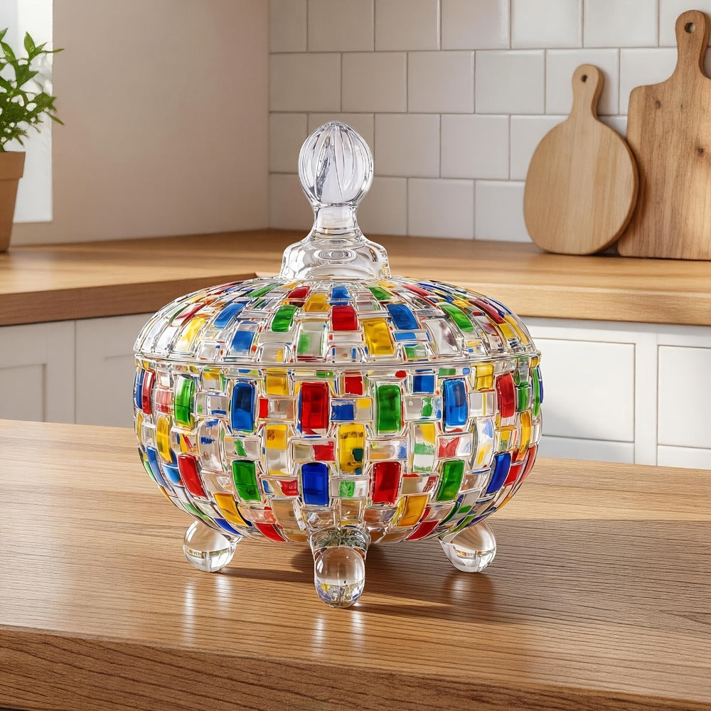 Crystal Glass Candy Dish with Lid & Tongs – Hand-Painted Colorful Candy Box, Jewelry Storage Jar, Christmas Gift for Family & Friends |