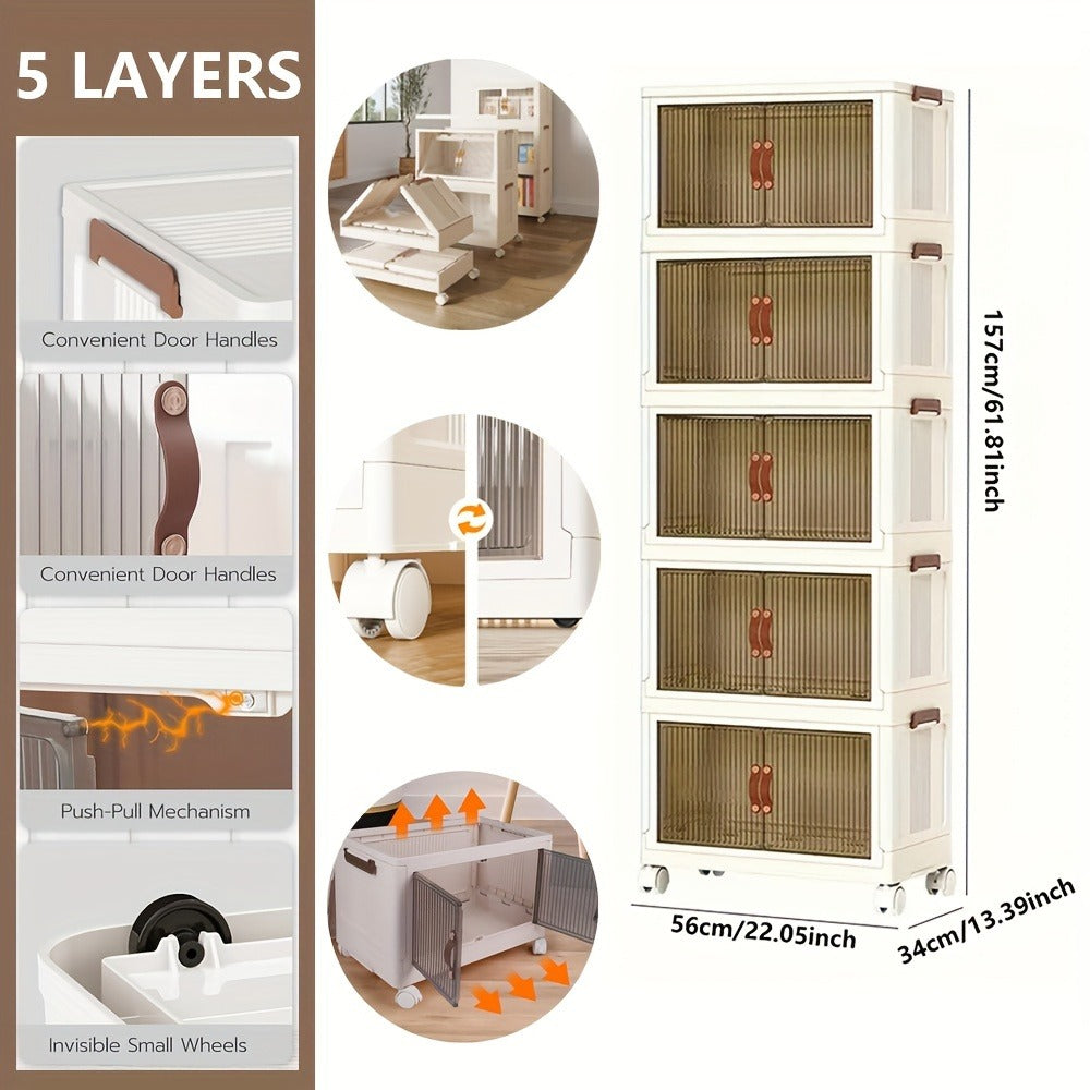 56cm Foldable Rolling Storage Cabinet with Front Doors and Three-, Four- or Five-Layer Options