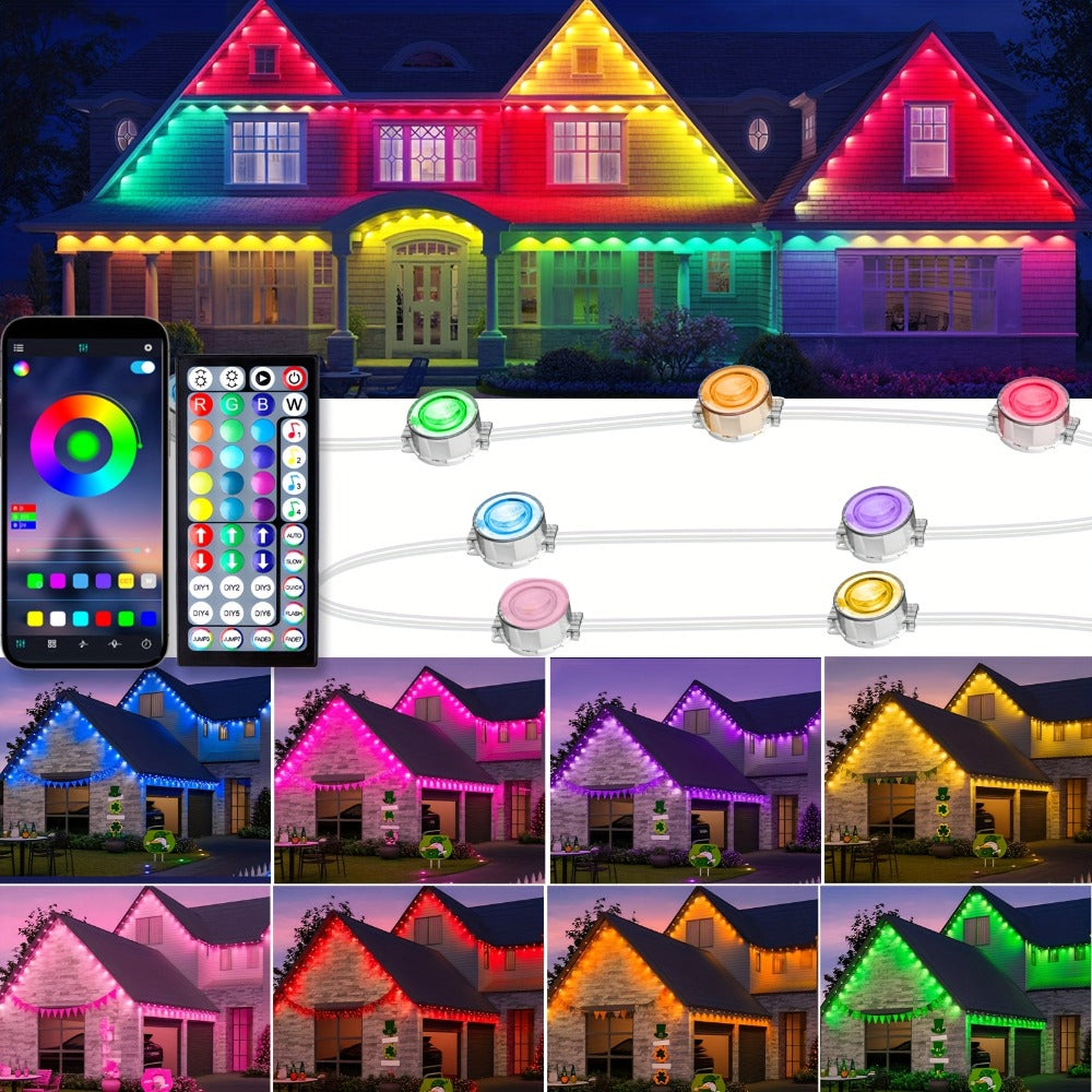 Linked RGB Eave Light Kit from 20ft to 500ft with Plug-In Adapter, App and Handheld Remote