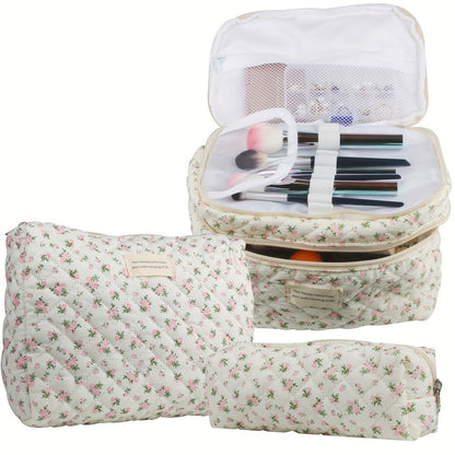 Makeup Bag Three-Piece Quilted Cotton Dual-Layer Floral Pouch Set for Travel, Vanity and Everyday Beauty Storage