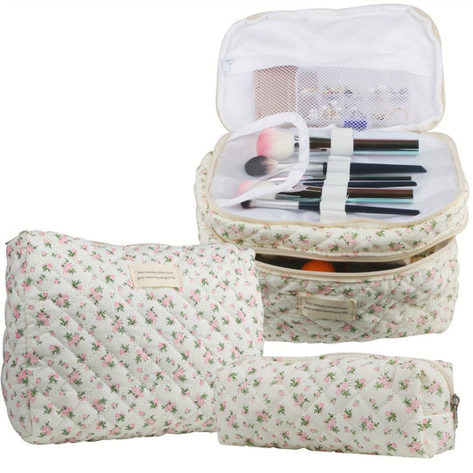 Makeup Bag Three-Piece Quilted Cotton Dual-Layer Floral Pouch Set for Travel, Vanity and Everyday Beauty Storage