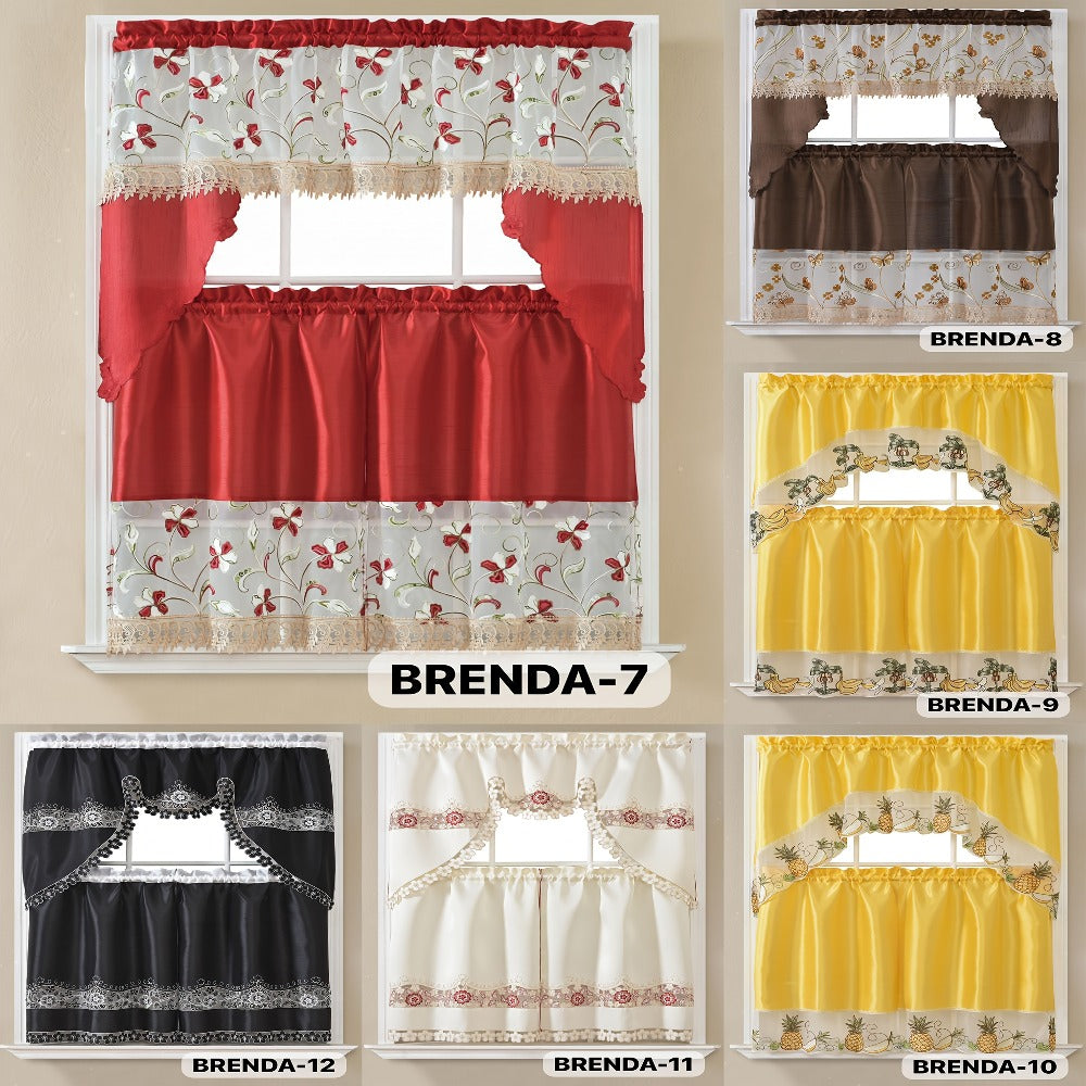 Kitchen Curtains 3 Piece Set Embroidered Satin Valance and Tiers – Rod Pocket Light Filtering Machine Washable 46 Colors