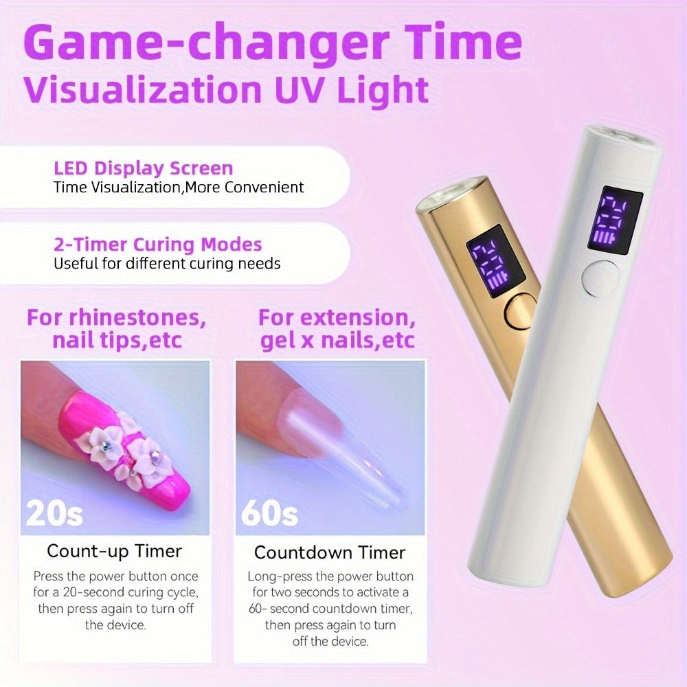 UV LED Nail Lamp Pen-Shape Cordless Rechargeable 365+405nm Gel Polish Curer – Portable Mini Nail Dryer with 2 Timer Modes 20s & 60s for Home