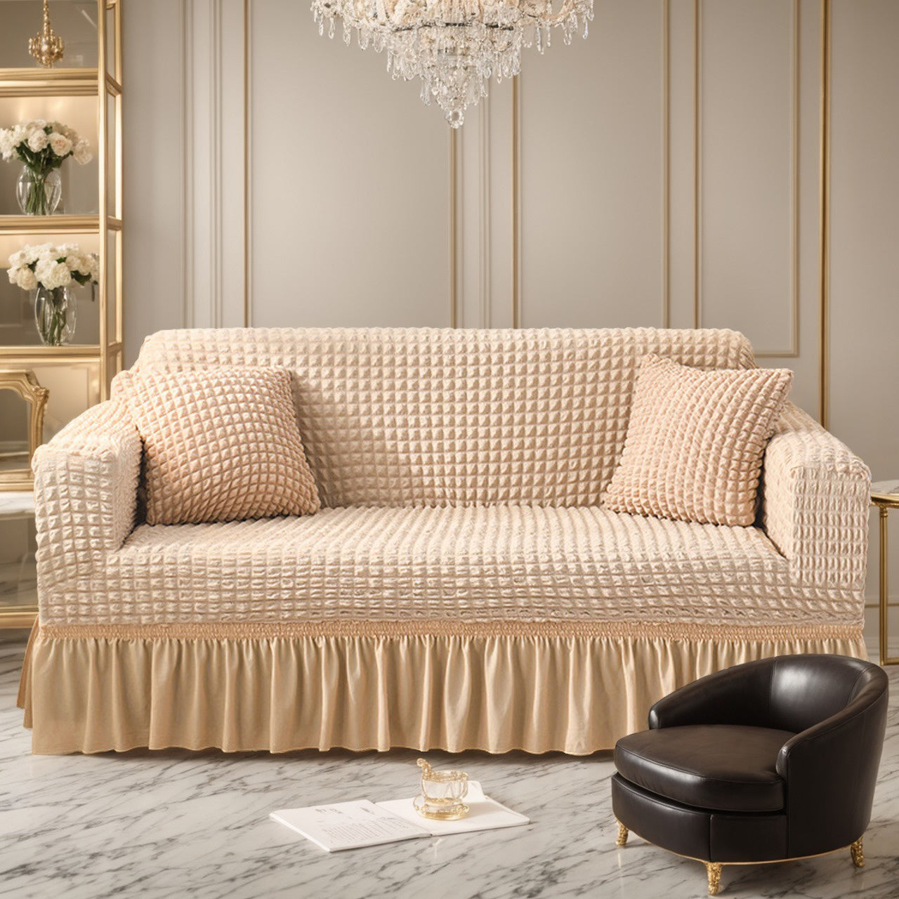 Sofa Cover High-Elasticity Seersucker Skirt Slipcover with Drawstring for 1 to 4-Seater Sofas in Eight Colors