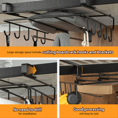 Under Cabinet Organizer Rack with Hooks, Carbon Steel Kitchen Shelf for Utensils, Towels, Cups & Cutting Boards